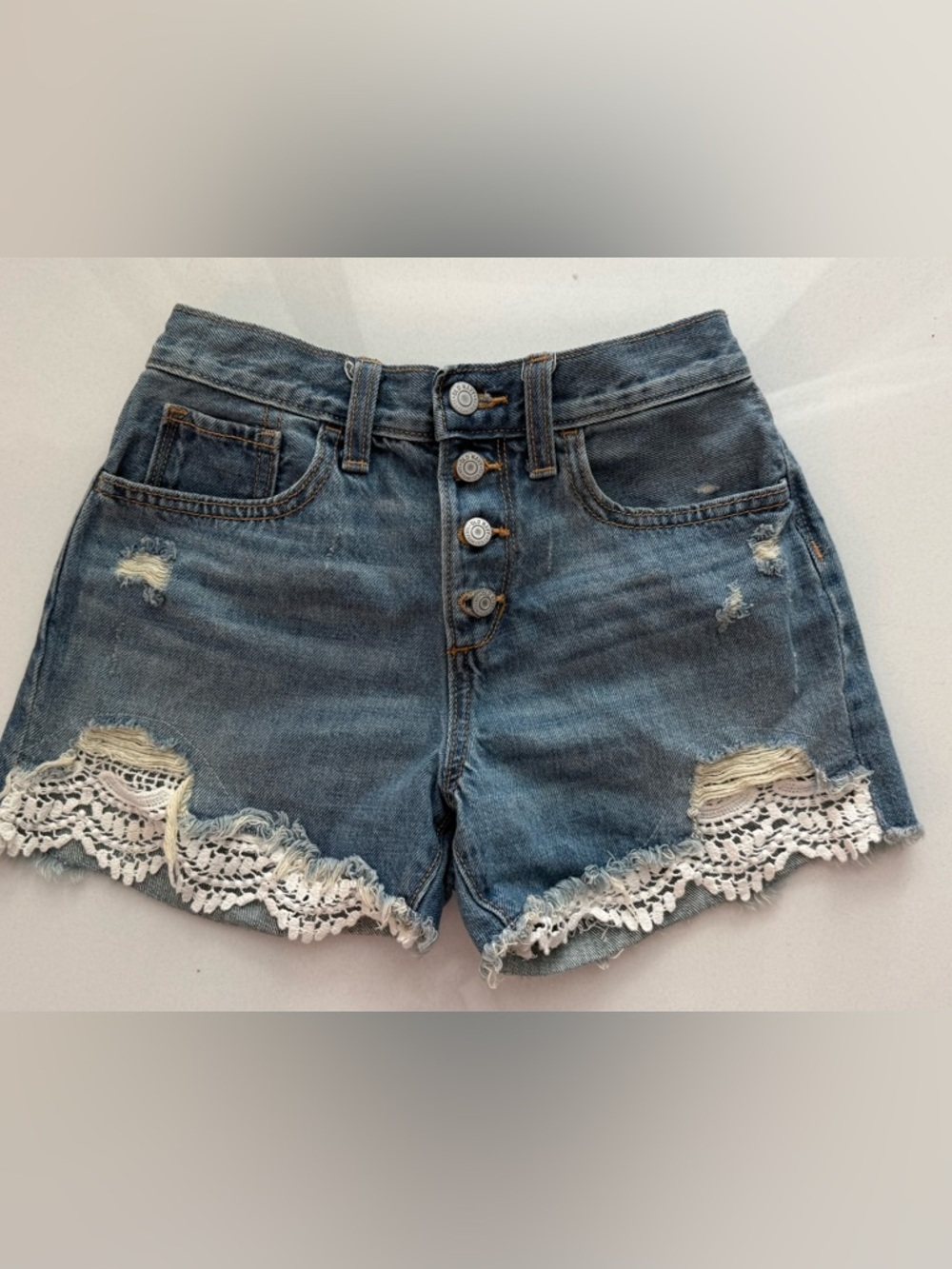 Old Navy Distressed Denim Shorts with White Crochet Trim yourth girl 14
